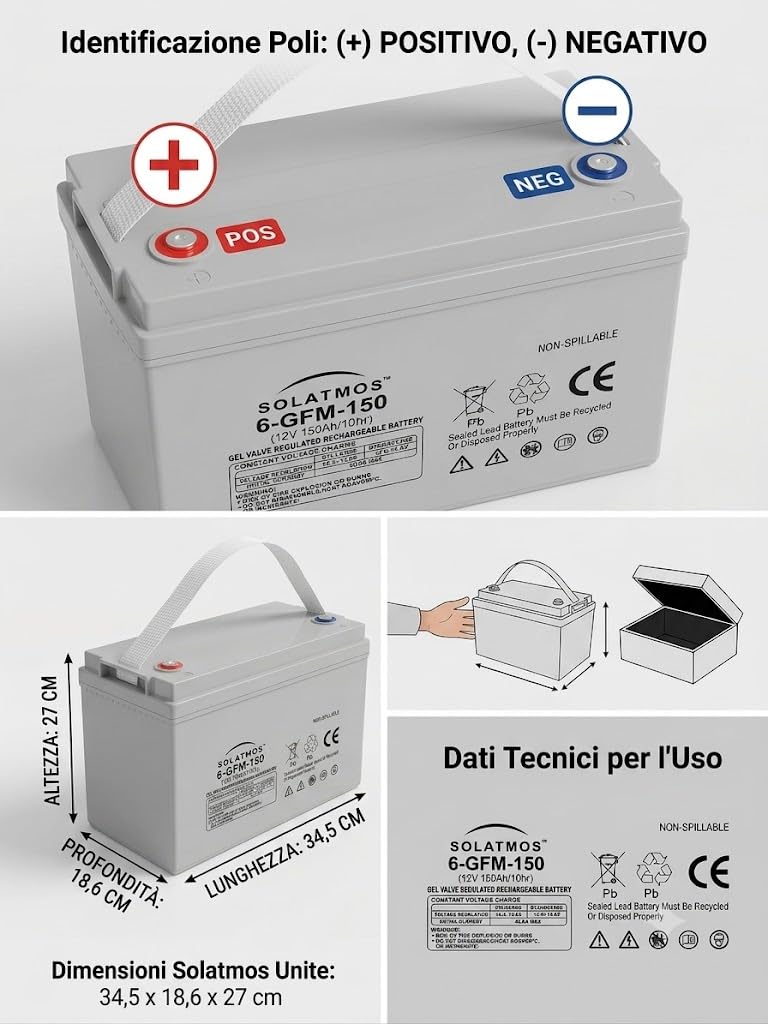 BATTERIA 150AH 12V GEL VRLA PER KIT FOTOVOLTAICO UPS ENERGIA SOLARE CAMPER BAITA