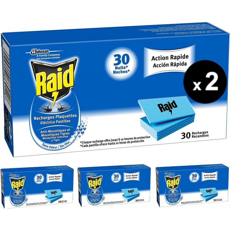 Pack de 60 Pastillas. Raid de SC Johnson, Recambio Difusor Eléctrico Anti Mosquitos Comunes y Tigre, Acción Rápida