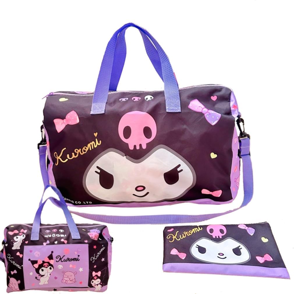 RoffatideAnime Kuromi Travel Duffle Bag Gym Tote Bags Foldable Travel Duffle Bag Overnight Bag Luggage Bag with Trolley Sleeve Purple