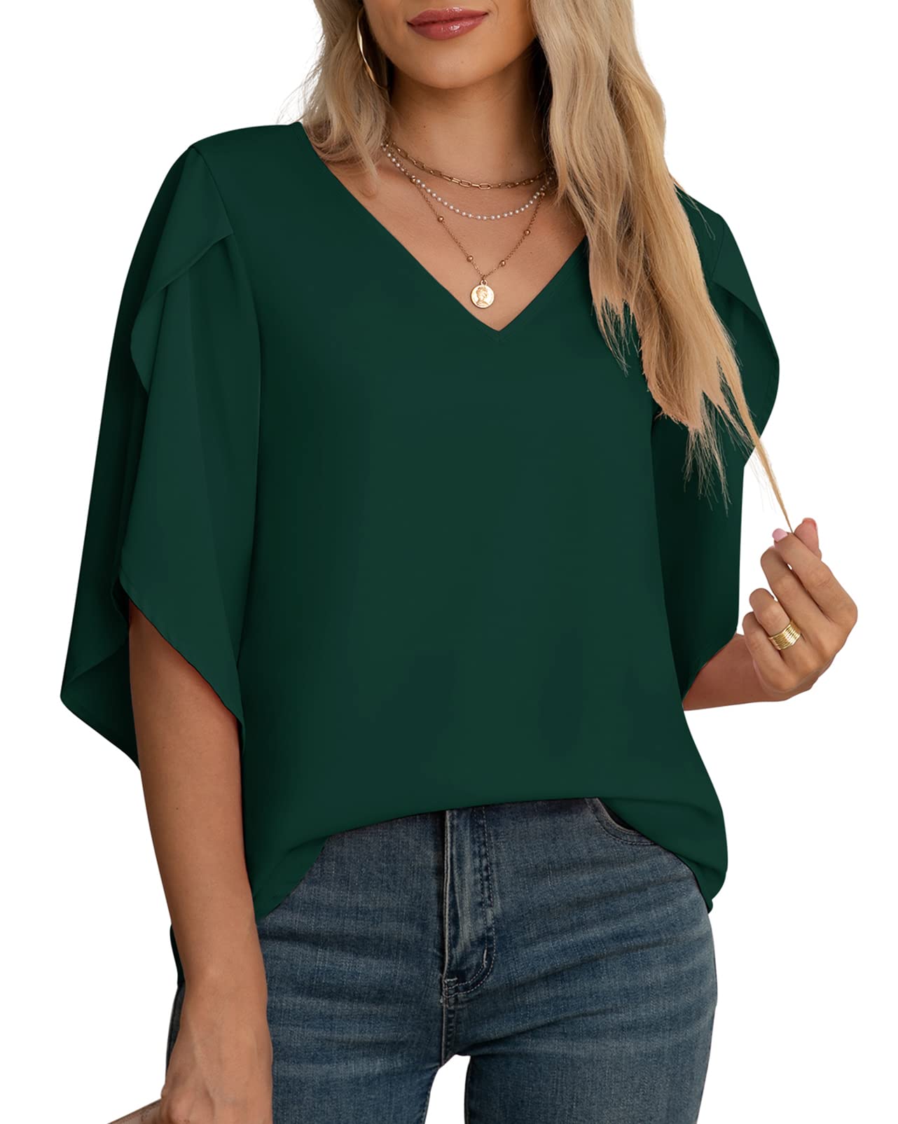 Yommay Blusa de gasa para mujer, elegante, casual, holgada, manga 3/4 con volantes, cuello en V, blusa de verano