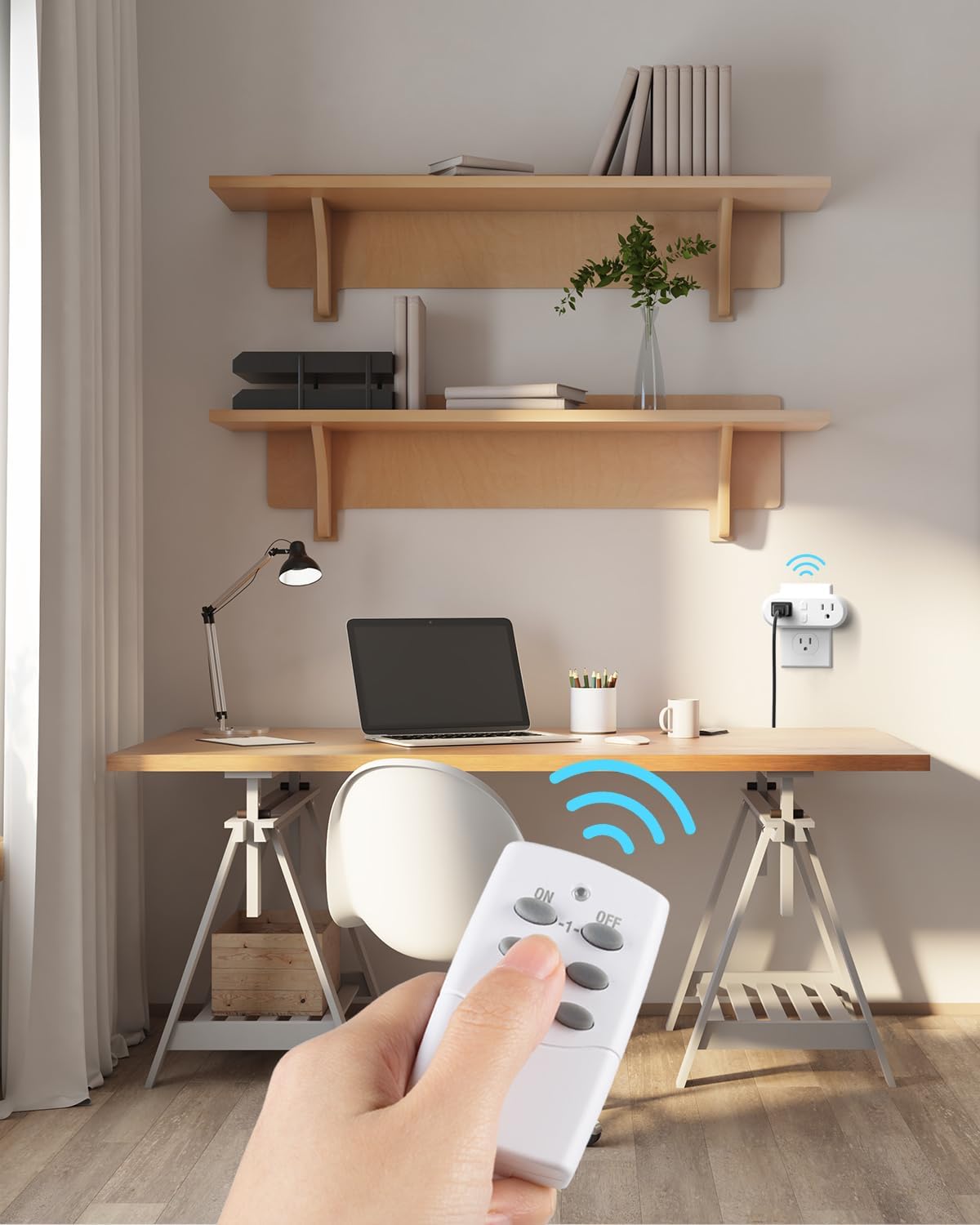 wireless remote control outlet plugged into wall behind furniture