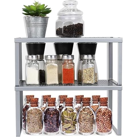 MOOACE 2 Pack Kitchen Shelf Organizer,Shelf Insert Expandable and Stackable Counter Shelf Organizer, Counter Top Organizer Shelf for Bathroom, Kitchen, Laundry Room, Sliver Cover
