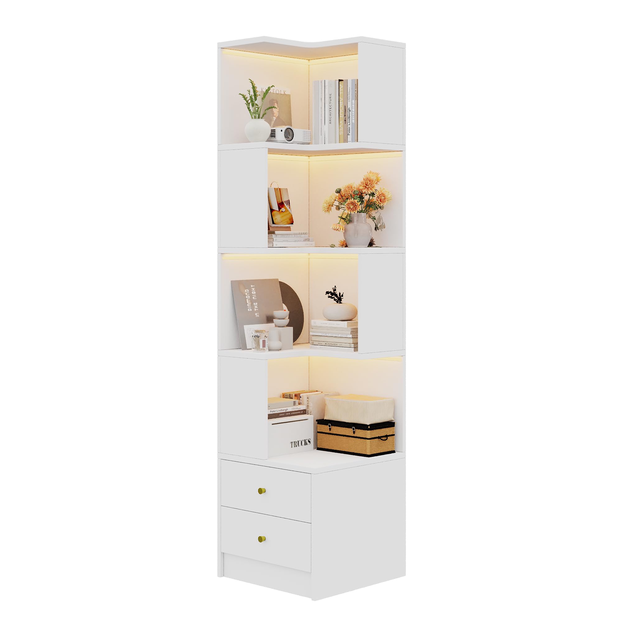 Scaffale angolare per soggiorno, 180 cm, moderna libreria angolare con illuminazione a LED, scomparti aperti e 2 cassetti, per soggiorno, camera da letto e corridoio (bianco)