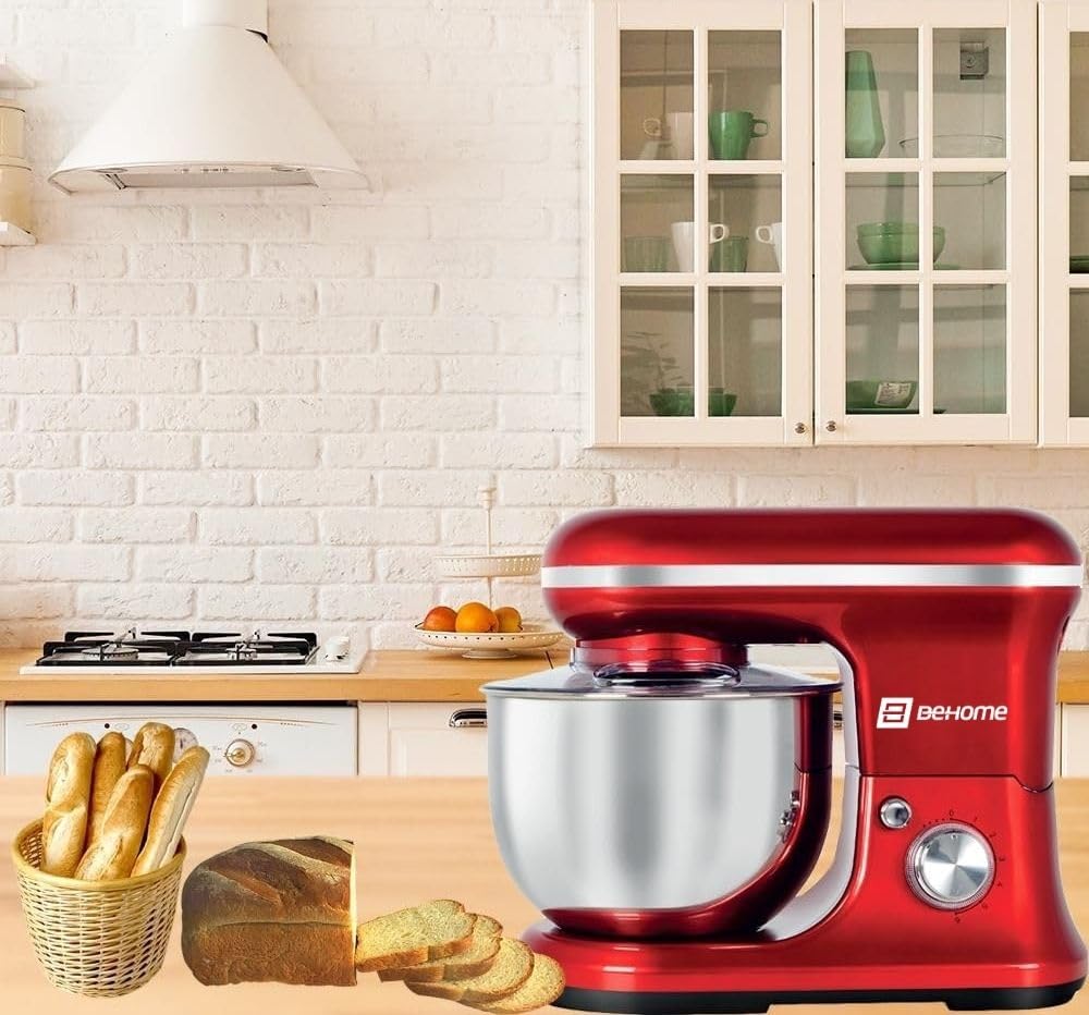 BEHOME Robot Patissier Professionnel 1200W avec Bol d'Acier Inoxydable 5L, 6+P Vitesses, 2 Fouets et 1 Crochet Pétrisseur (Rouge)