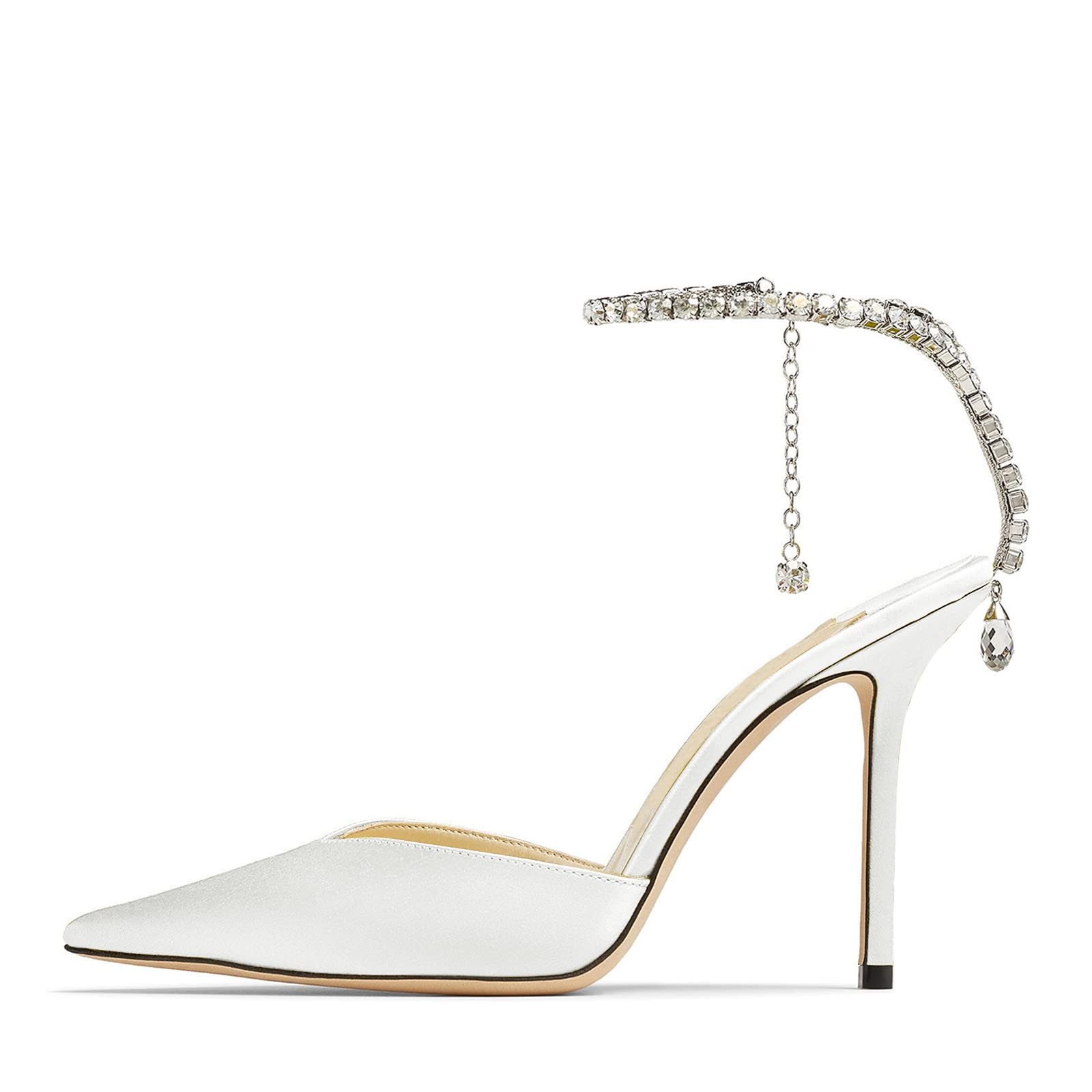 BlingQueen Women's Heeled Sandals Crystal Chain Rhinestone Embellished Strap Pumps Pointy Stilettos Backless Wedding Dressy Bridal Shoes