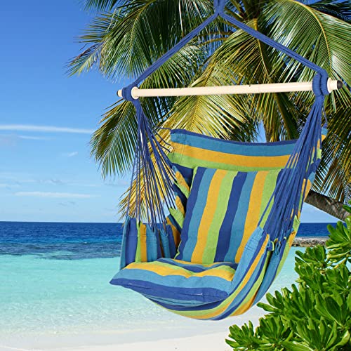 Image of Highwild Hammock Chair Hanging Rope Swing - Max 500 Lbs - 2 Cushions Included - Steel Spreader Bar with Anti-Slip Rings - for Any Indoor or Outdoor Spaces (Blue Striped)