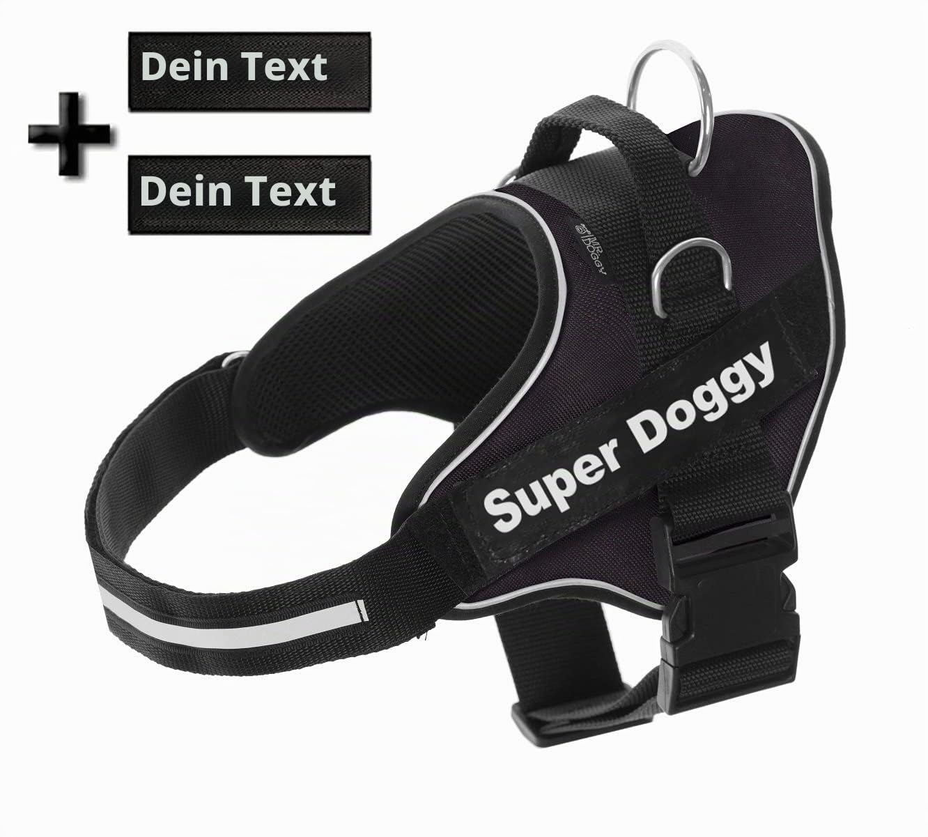 SUPER DOGGY Hundegeschirr personalisiert – Anti-Zug, reflektierend und sicher – Brustgeschirr für kleine, mittelgroße und große Hunde mit 2 Namensschildern (Schwarz, XL30-45KG)