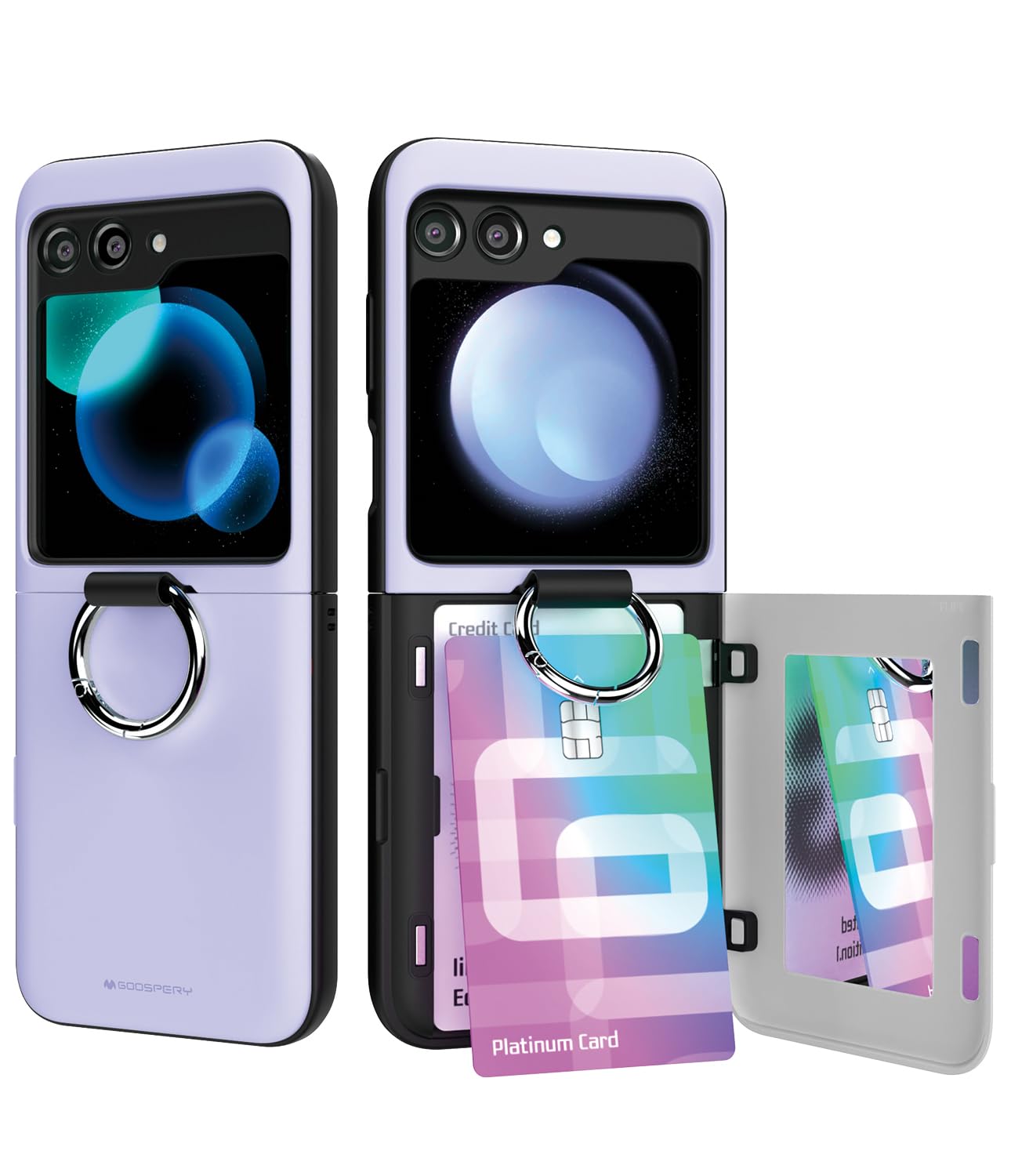 GOOSPERY Magnetic Door Bumper Compatible with Samsung Galaxy Z Flip 5, Wallet Case, Card Holder, Protective Dual Layer Bumper Phone Cover- Purple