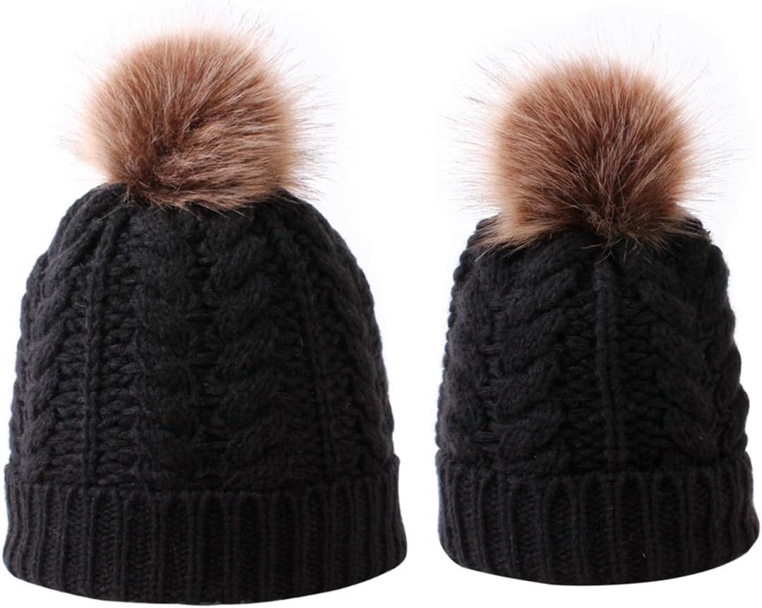 2PCS Parent-Child Hat, Mother & Baby Daughter/Son Winter Warm Knit Hat Family Crochet Beanie Cap with Pom Pom - Image 5