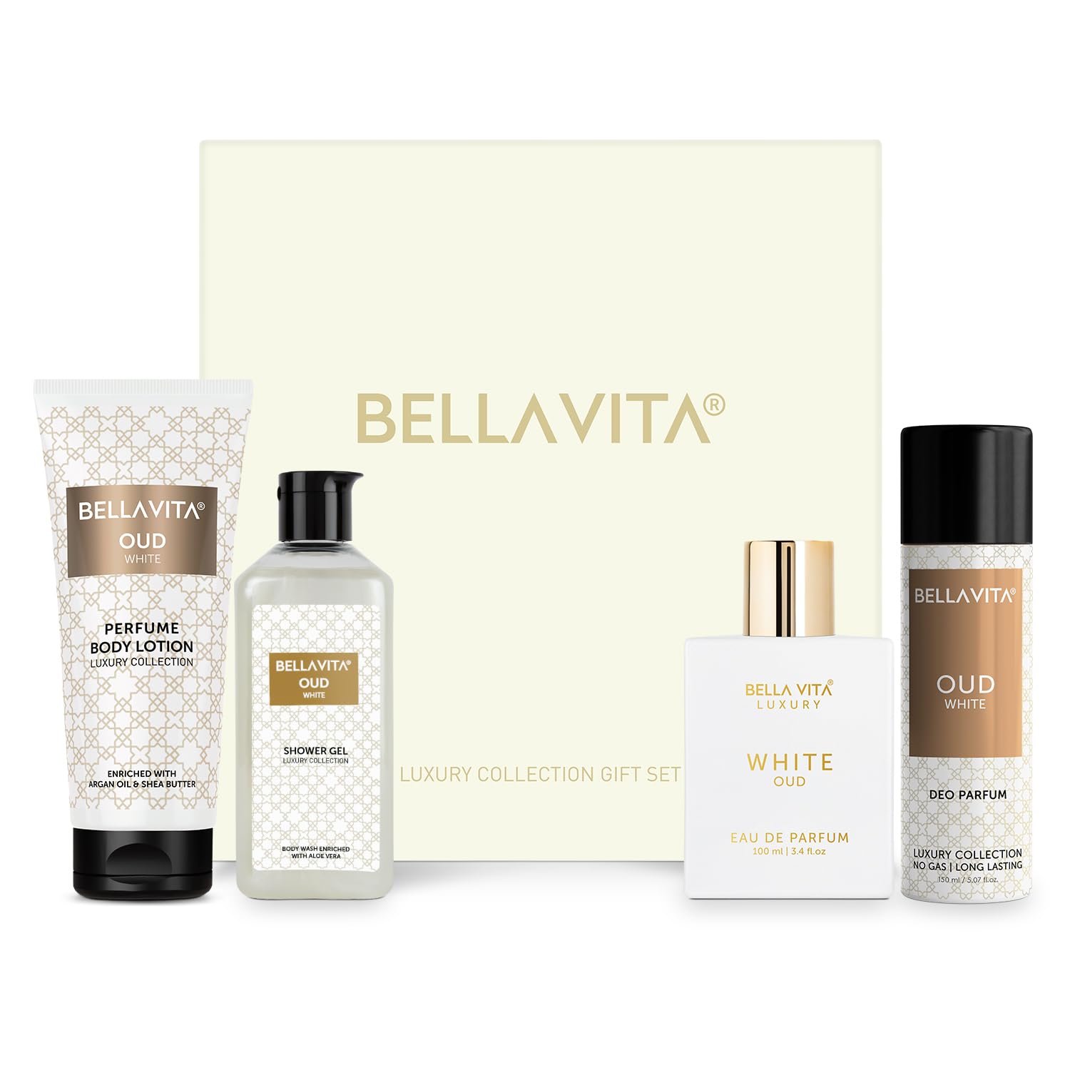Bella Vita Luxury OUD WHITE Gift Set with Shower Gel 250 Ml for Deep Cleansing, EDP Perfume 100 Ml, No Gas Deo Body Parfum 150 Ml & Perfume Body Lotion 200 Ml