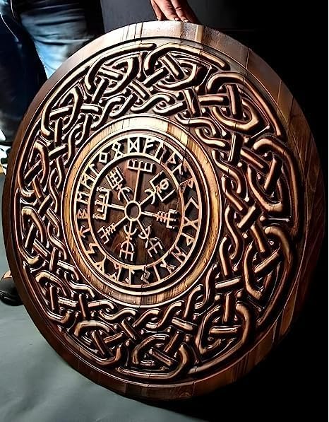 Bouclier Rond Viking/médiéval En Bois Et Acier - Sculpté à La Main - Reproduction Décorative - Inde