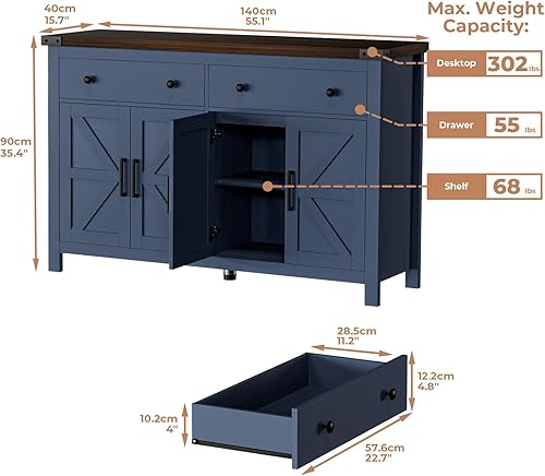 Miniatura 3 de Gabinete Buffet con Almacenamiento Estilo Granja con 4 Puertas y 2 Cajones, Gabinete de Almacenamiento de Cocina Grande de 55'' Madera Azul Barra de