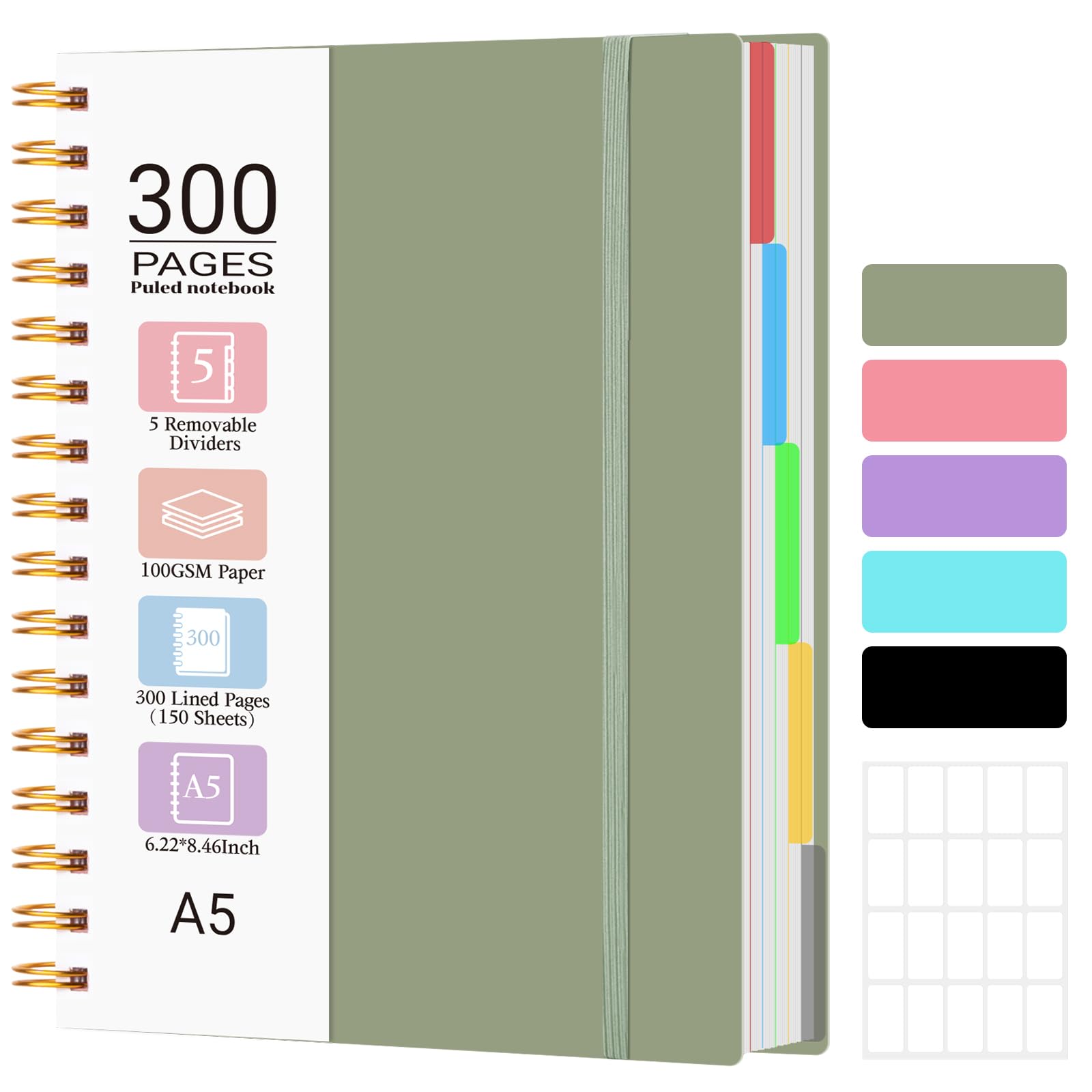 MOFELON A5 Notebook, Notepad, A5 Notebook with Dividers, 300 Pages 100GSM Thick Wirebound Spiral Notebooks for Writing, PVC Hardcover Note Book for Work Office School, 21.5 x 15.8cm,Green — image 1