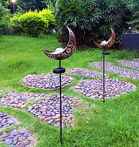 Aubasic Solar Powered Garden Lights, 2 Pack Antique Brass Hollow-Carved Metal Moon With Warm White Crackle Glass Globe Stake Lights,Waterproof Outdoor For Lawn,Patio,Yard #TOP6