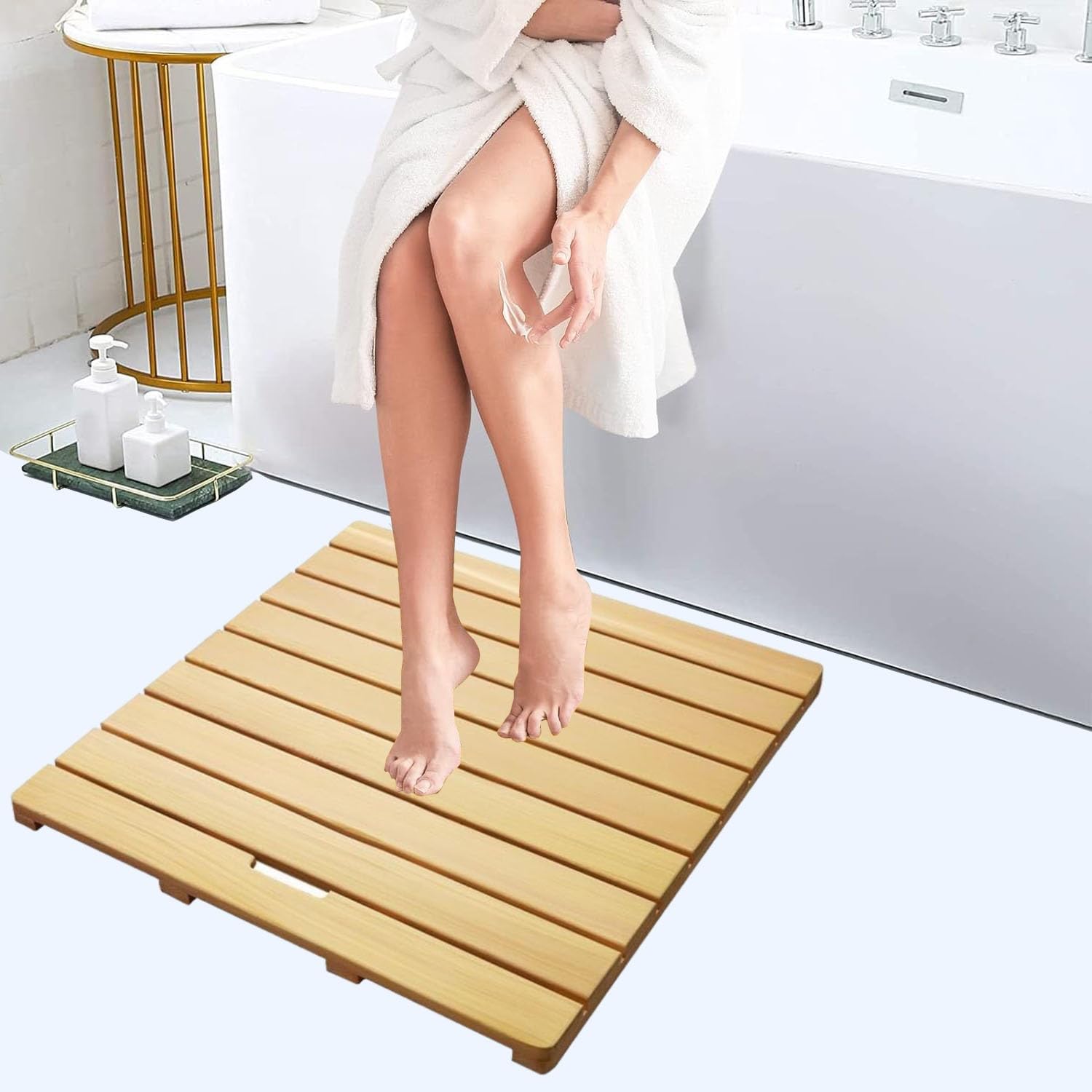 QIYFOZ Eco-Friendly Natural Wooden Shower Mat - Non-Slip Bath Foot Pedal with Handle, Custom Sizes (24x36in) - Durable Drain Board for Stable Bathroom Flooring Solution