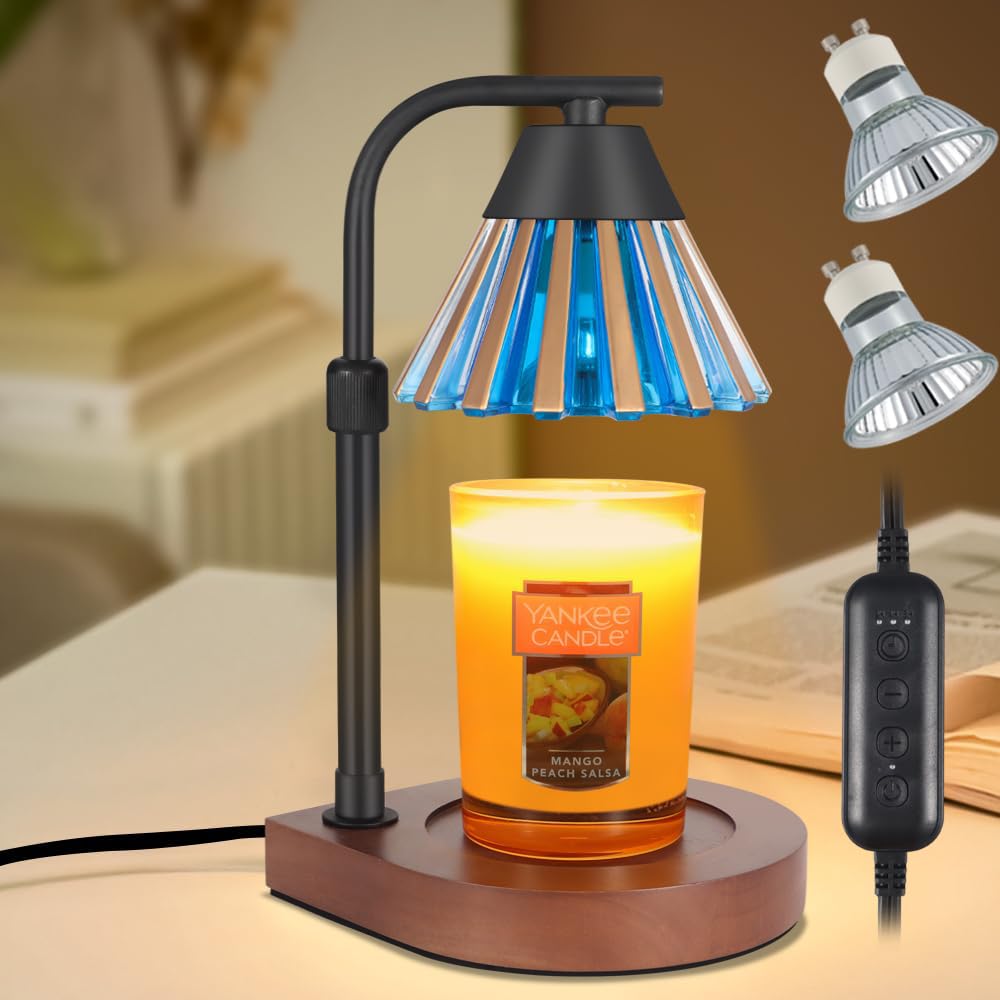 Candle Warmer Lamp with Timer & Dimmer, Farmhouse Electric Candle Lamp Wax Warmer for Jar Candles, Home Decor Gifts for Women, Grandma and Mom (08-Gold-Blue)