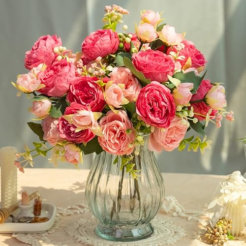 Artificial Peonies Silk Flowers in Glass Vase Faux Flowers Bouquets