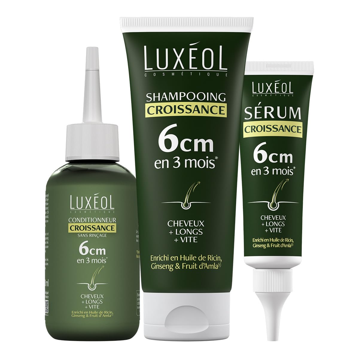 LUXEOL - Protocole Croissance - Shampoing + Sérum + Conditionneur - 6cm en 3 Mois(1) - Cliniquement Prouvé - Formules d'Origine Naturelle - Huile de Ricin, Amla & Ginseng(5) - 200 ml, 150 ml et 50 ml