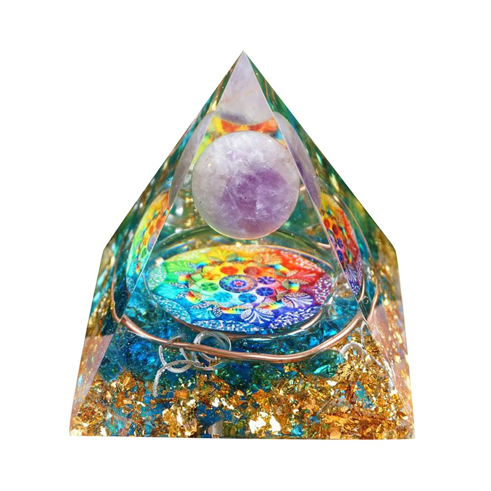 VNSTKWW Moonstone Crystal Orgone Pyramid Ogan Crystal Energy Tower Nature Amethyst Reiki 7 Chakra Crushed Stone Flower of Life Crystal Orgonite Healing Chakra Pyramid Gift for Friend