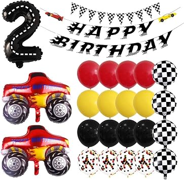 29pcs Race Car Balloons Birthday Party Supplies Checkered Banner Happy Birthday Banner Number 2 Red Black Yellow Race Car Theme Party Decoration
