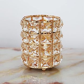 حامل فرش مكياج بتصميم كريستالي مع مساحة تخزين لمستحضرات التجميل منظم طاولة الزينة أقلام بلون ذهبي لتعزيز ديكور المكتب للبنات