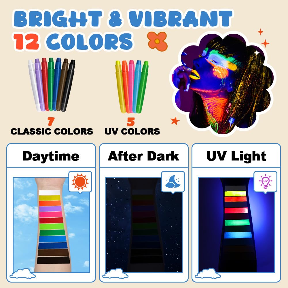 Matite Luminose per Pittura Viso Corpo, Pittura Viso, 12 Colori (5 Glow + 7 Classici), Body Painting per Bambini, Cosplay, Carnevale, Festa di Compleanno, Pasqua, Trucco Cosplay, Sicuro e Sano
