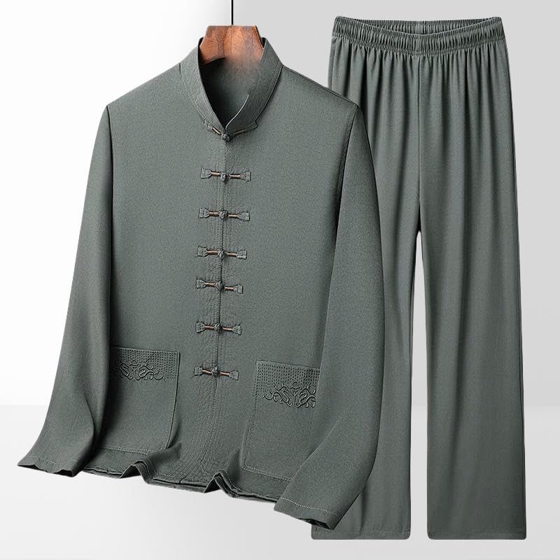 Men's Spring/Summer Chinese Style Ice Silk Long Sleeve Two-Piece Hanfu Thin Tang Suit Set4