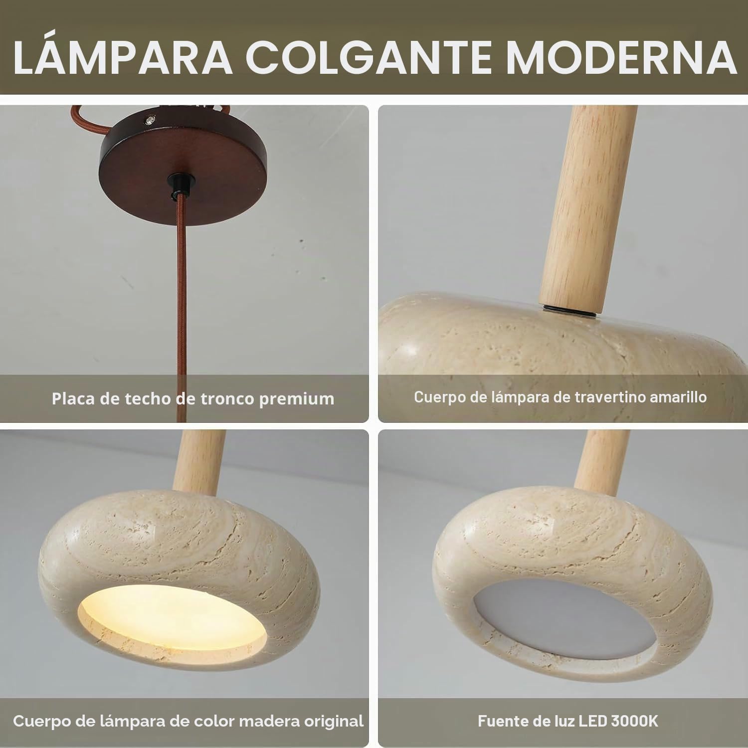 Lámpara colgante estilo japonés Wabi-sabi, redonda, de piedra natural, de madera dormitorio mesita de noche 7W para sala de estar comedor, mesa, lámpara colgante de techo, 2 unidades