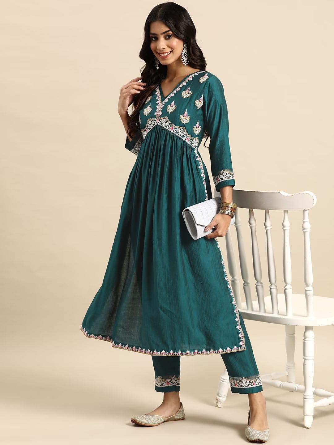 Amayra Women's Embroidered Alia Cut Kurta With Pant (Green, Xxl, Rayon) 1