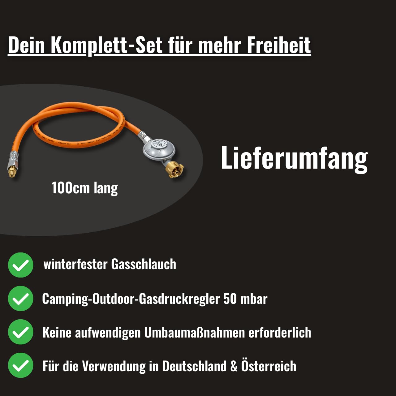 Bluecraft Umrüstset von Schraub Gas Kartusche auf Gasflasche für Gasgrills mit EN417 Schraubkartuschenanschluss Gasdruckminderer 50 mbar Gasschlauch 100cm