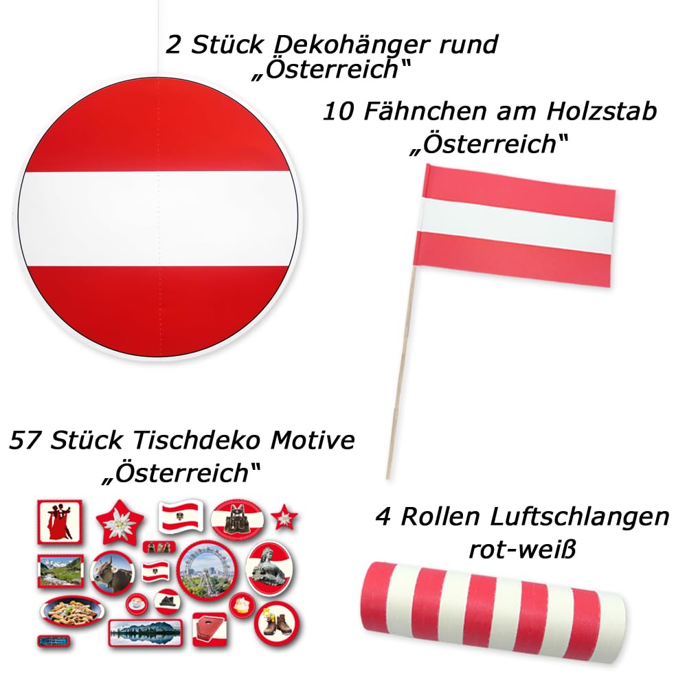 Österreich Deko Set rotweißrot groß - Partydeko im Design der rot-weißen, österreichischen Flagge, Girlanden, Fähnchen, Fahnenkette, Tischdeko Motive, Dekohänger, Lampion, Servietten im Dekoset