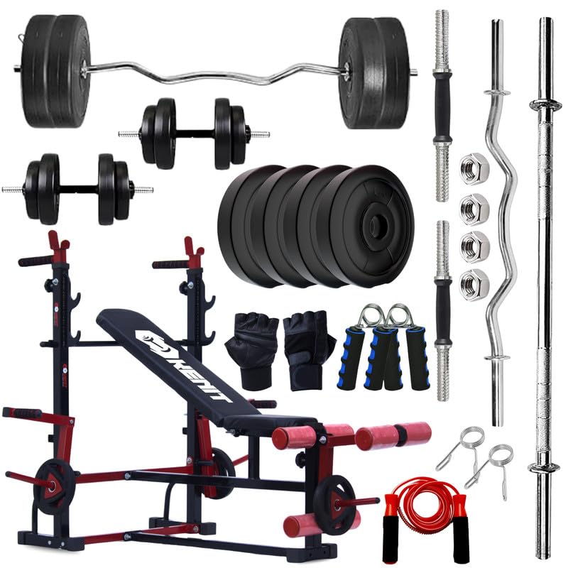 50KG PVC Weight Plates Combo with 8 in 1 Adjustable Pro Gym Bench with J-Hook, Curl Rod, Straight Bar, Dumbbells, Skipping Rope, Gloves & Gripper – Complete Home Gym Fitness Kit-image-36