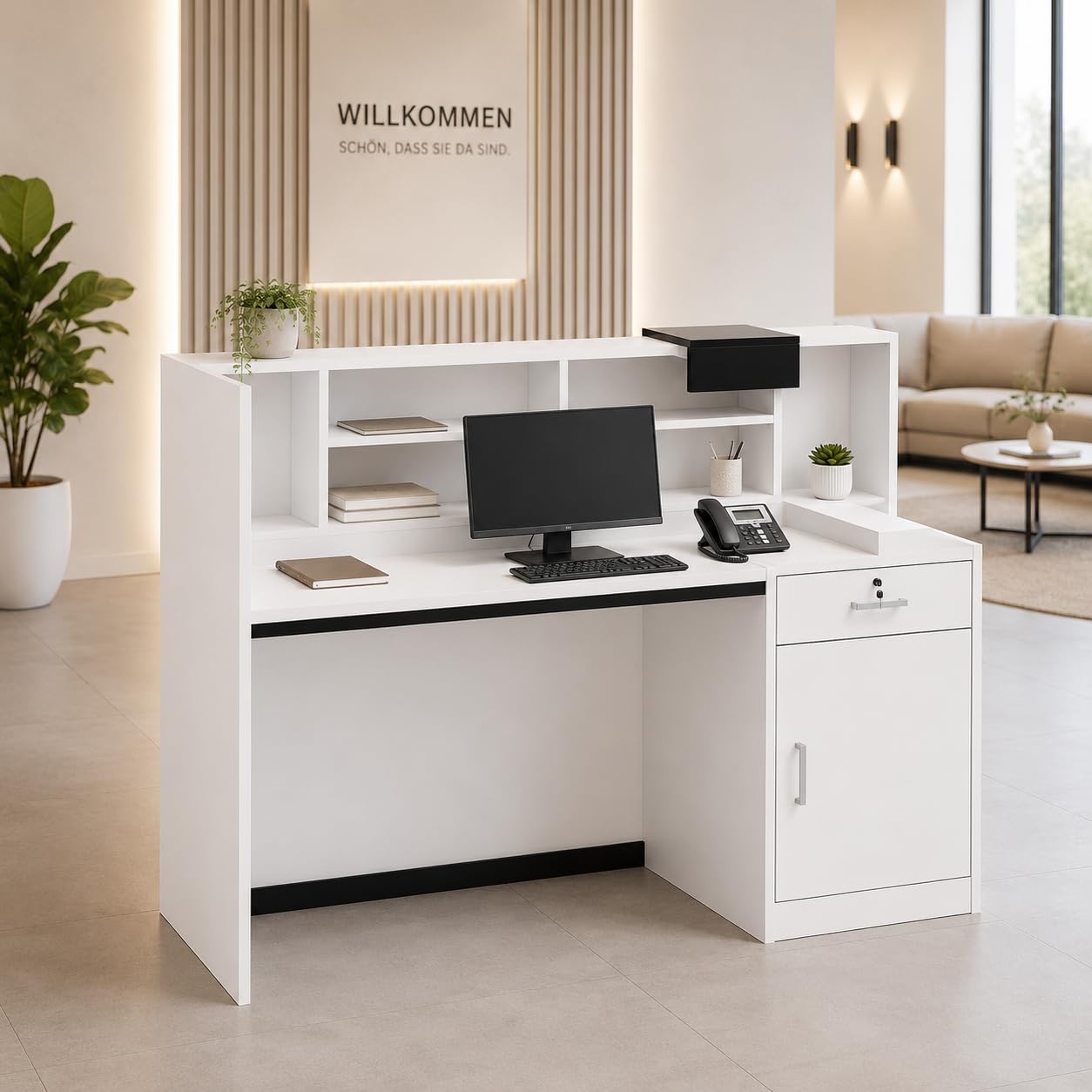 Mostradores de recepción, mostradores de recepción, mostrador de recepción con estante extraíble, mostrador de recepción, mostrador de recepción con placas decorativas negras, muebles de