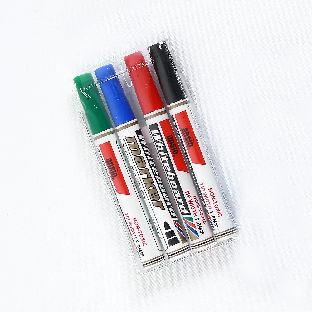ANSIO Dry Wipe Whiteboard Pens, Whiteboard Markers, Fine Tipped White Board Pens, Pack of 4 Assorted