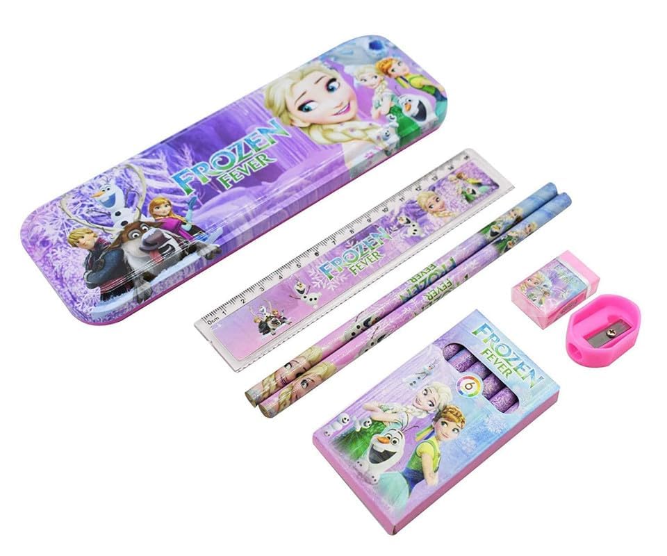 Image of Stationary Kit with 1 Pencil Box Case 2 Pencils 6 Crayon Colors 2 Space Gel Pen 1 Ruler Scale Eraser Sharpener Kit for Kids (Character As Per Available)