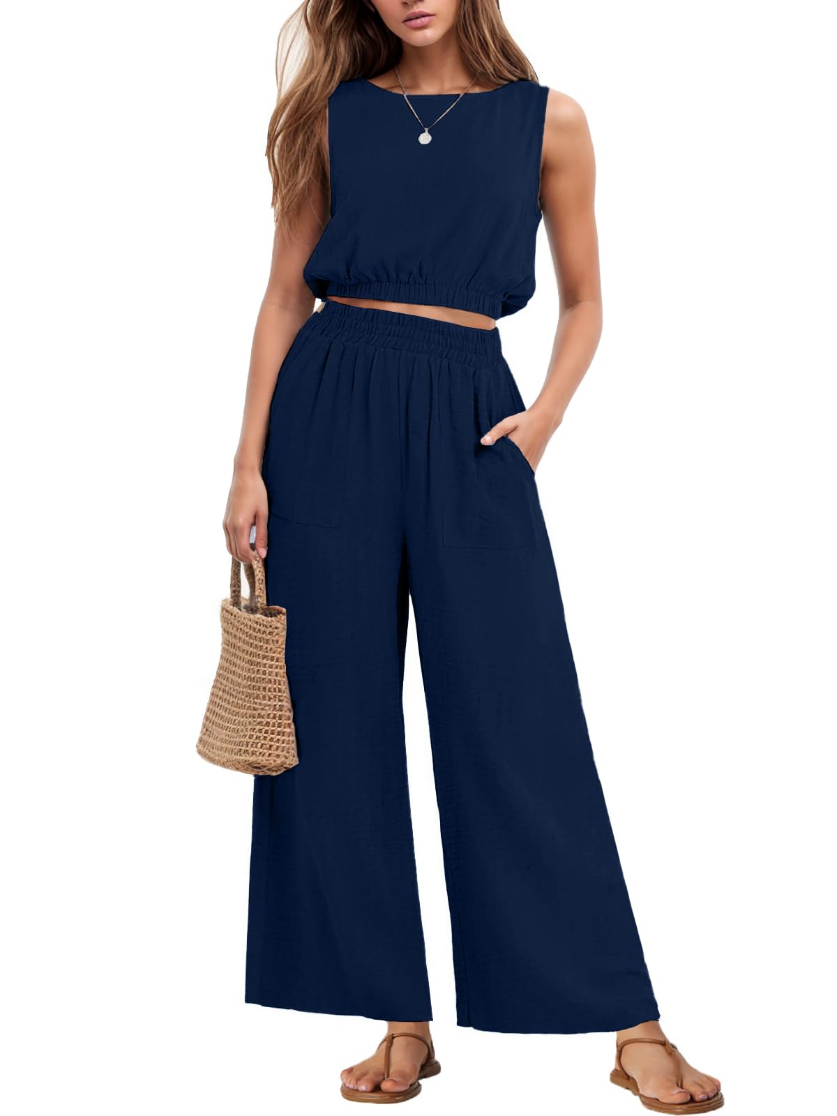 GRECERELLE Two Piece Sets for Women Sleeveless Crop Top Wide Leg Pants Sweat Set for Women Tracksuits 2026
