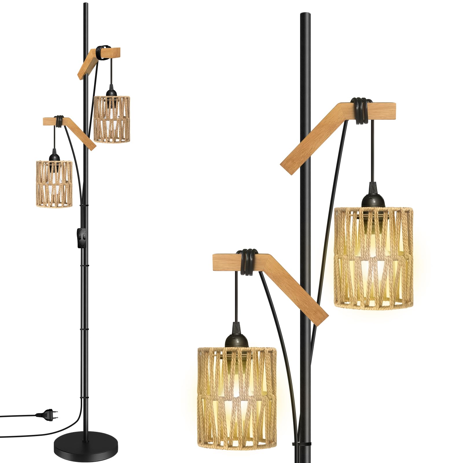 BBHome lampadaire sur pied Boho pour Salon, Lampadaire Bois 2 Lumières et Métal, Lampadaire Boho avec Abat-jour en Rotin, Lampe Industriel pour la Chambre, Salon, Bureau, Noir, Ampoule non Incluse