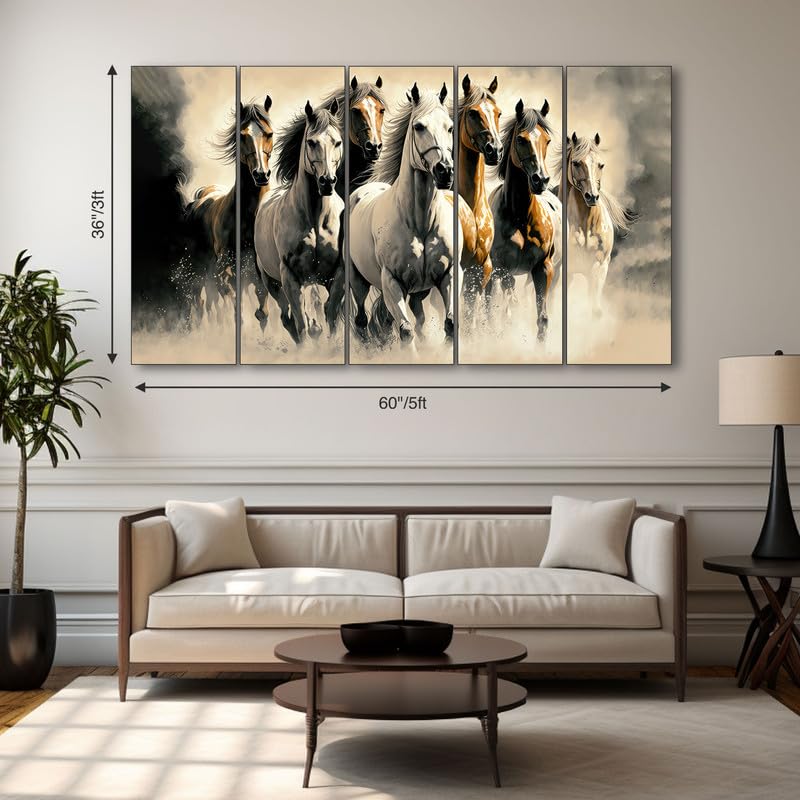 Image of The Castle Decor 7 Horses Wall Painting for Living Room Big Size - 7 Running Horses Painting Vastu for Bedroom, Office, Hotel - Wall Decor Digital Painting Wooden Framed for Gifting (36x60inch)