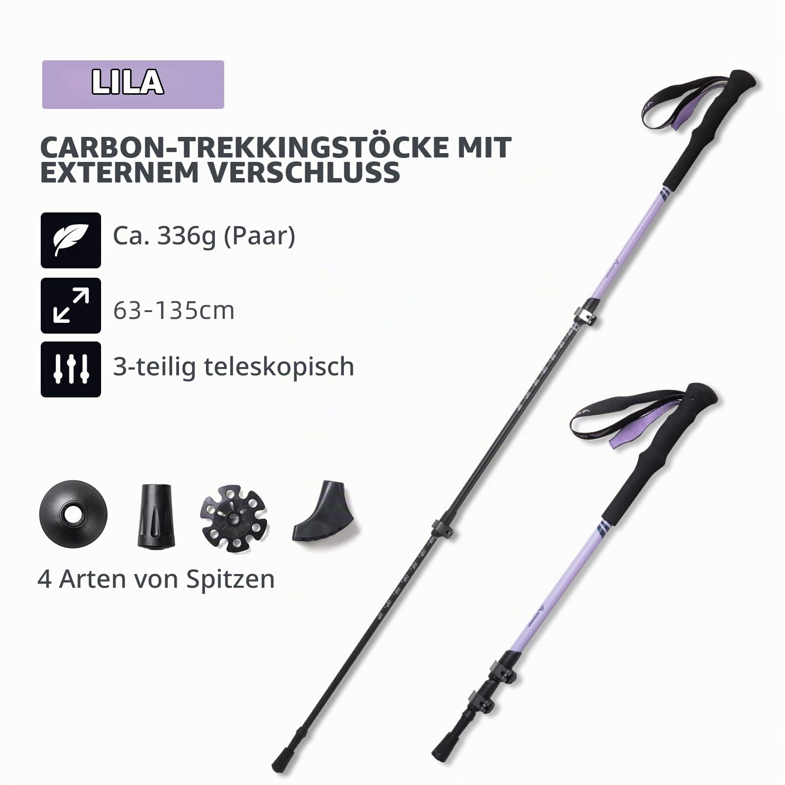 BISINNA Carbon Wanderstöcke – Ultraleichte Trekkingstöcke mit Eva-Griffen | Unisex für Damen und Herren, geeignet zum Wandern, Nordic Walking & Skitouren