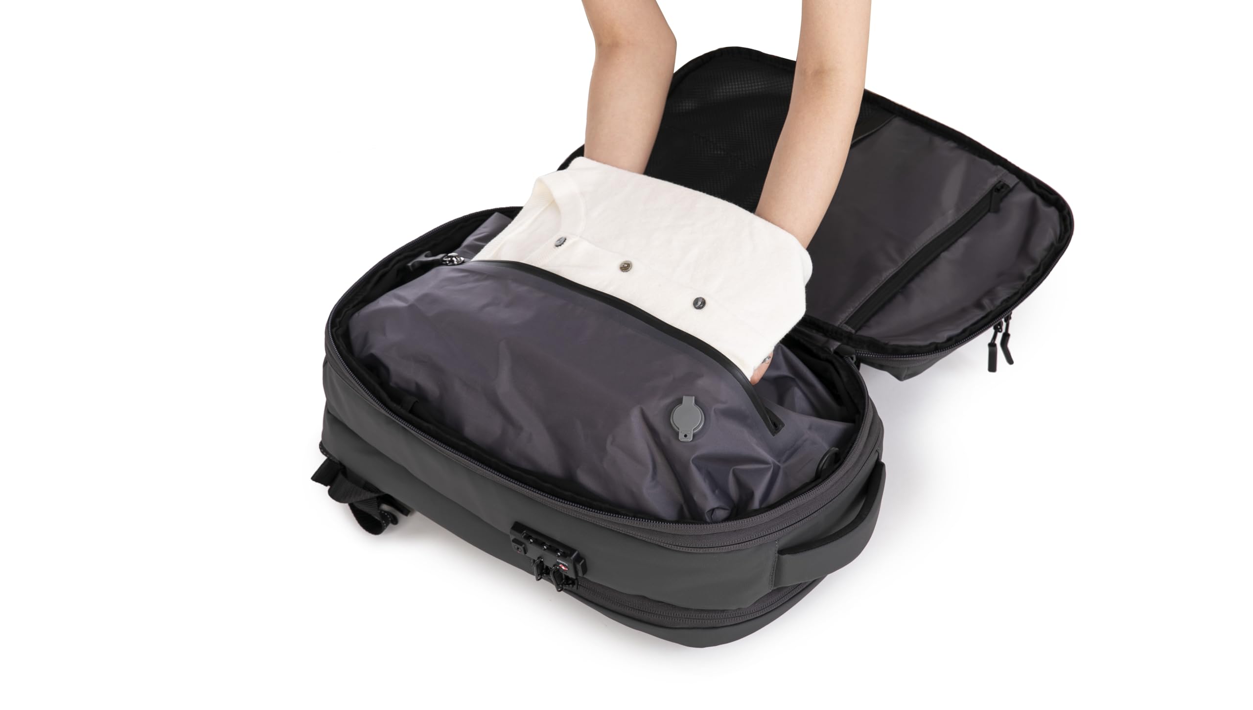 CELIMS - Zaino da viaggio sotto vuoto con pompa ad aria ricaricabile | 48L espandibile 60L | Scomparto per computer portatile | Lucchetto TSA | Impermeabile | Grigio