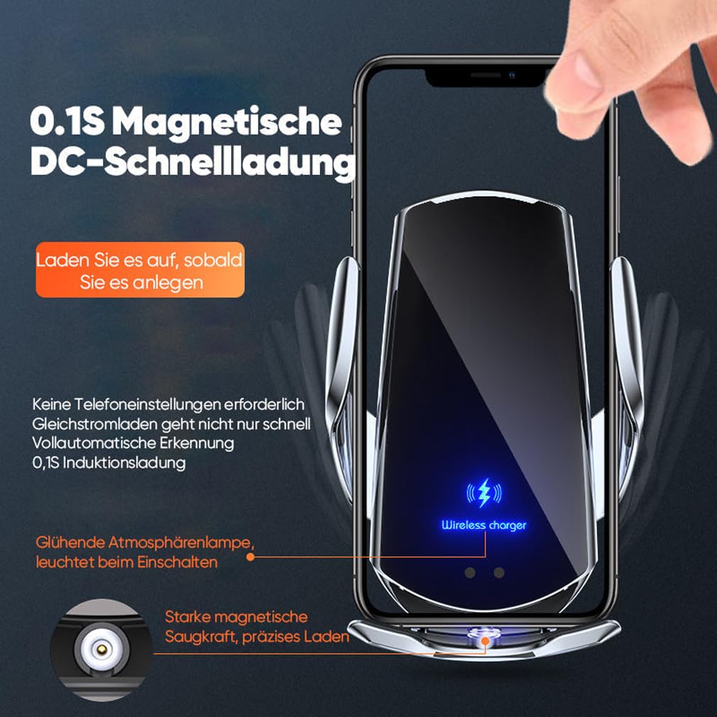 Kabellos aufladbarer Telefonhalter, 15W Handyhalterung Auto mit Ladefunktion, 360° Drehbar Handyhalterung, Fast Wireless Charger, Induktive Ladestation Auto Kfz Handy Halterung für Lüftung (Blau)