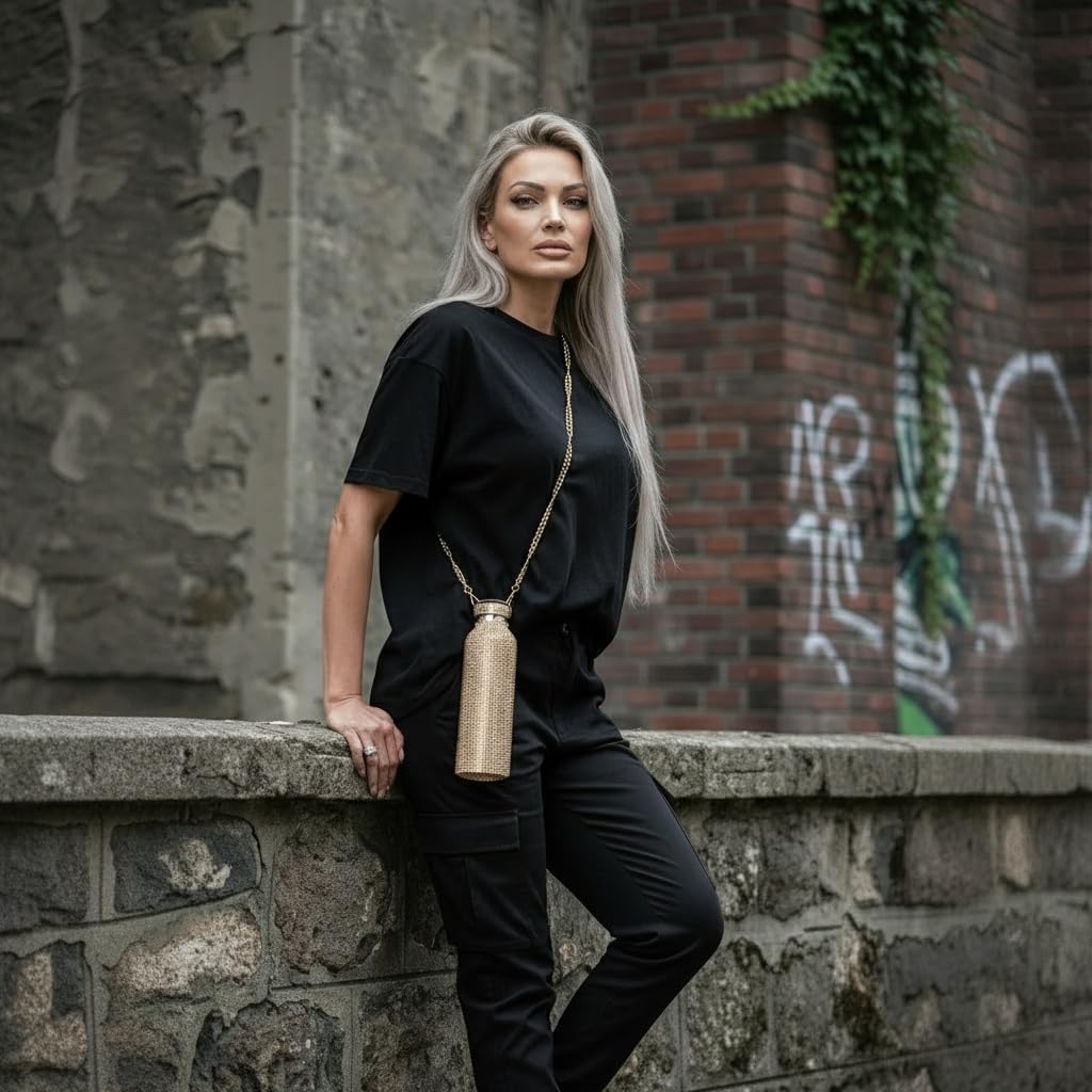 Gold Bling Water Bottle Bedazzled with 5000 Rhinestones & Crossbody Gold Chain, 25oz Stainless Steel Vacuum Insulated Tumbler, Leak Proof, Keeps Drinks Cold 24h and Hot 6h - Image 4