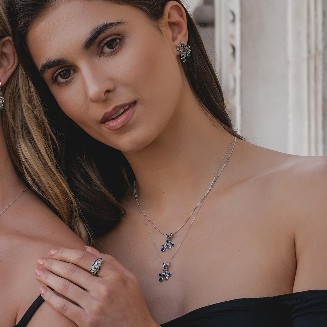Collana in argento Sterling con ciondolo a forma di fiocco in marcasite, lapislazzuli e smalto nero