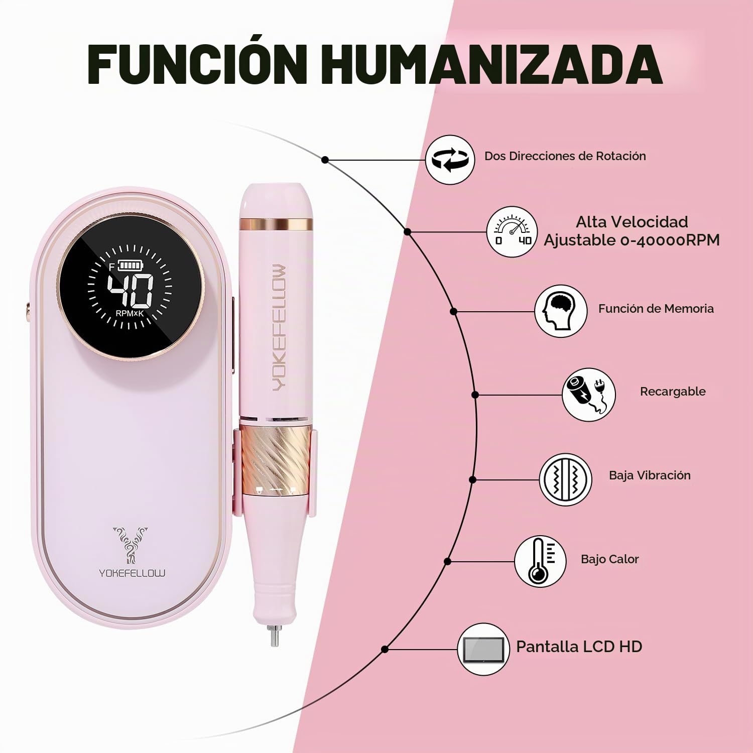 YOKE FELLOW Taladro de uñas profesional de 40000 RPM con 12 brocas para lima de uñas eléctrica, manicura, pedicura, uso doméstico (rosa)