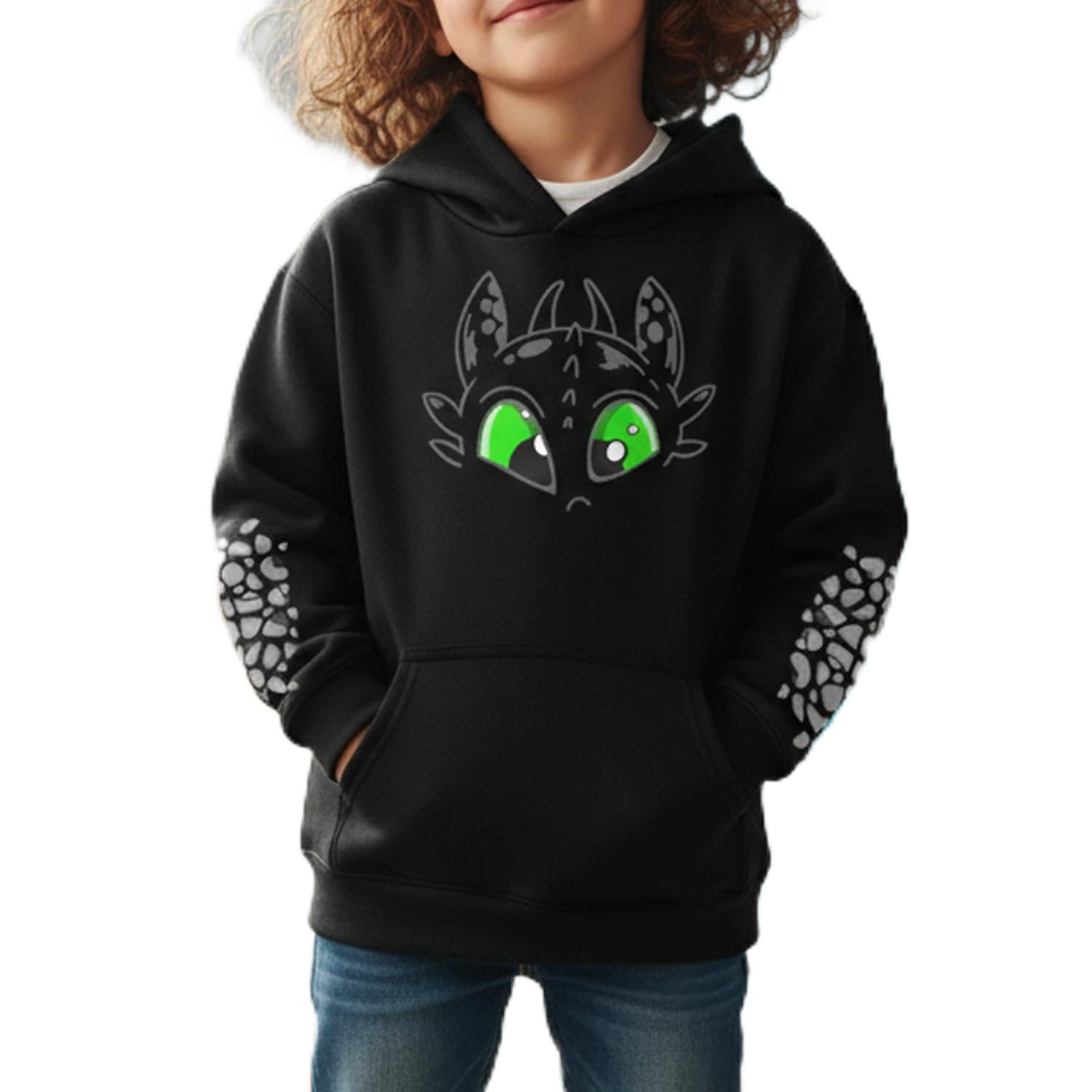 Smartypants Unisex Kids Black Green Eyed Dragon Hoodie Graphic, Boys And Girls Soft Cotton Pullover Sweatshirt, Mythical Creature Scale Print Sleeves Hooded Toddler (Uk, Age, 12 Years, 13 Years, Regular)
