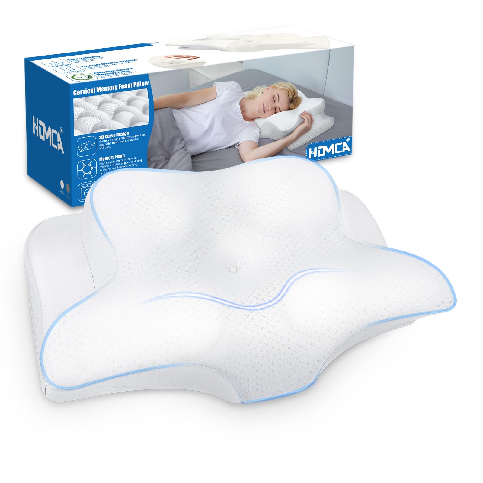 HOMCA Cervical Pillow, Ergonomic Neck Support Pillows for Sleeping, Memory Foam Neck Pillow for Side Back Stomach Sleepers with Soft Breathable Pillowcase(White)