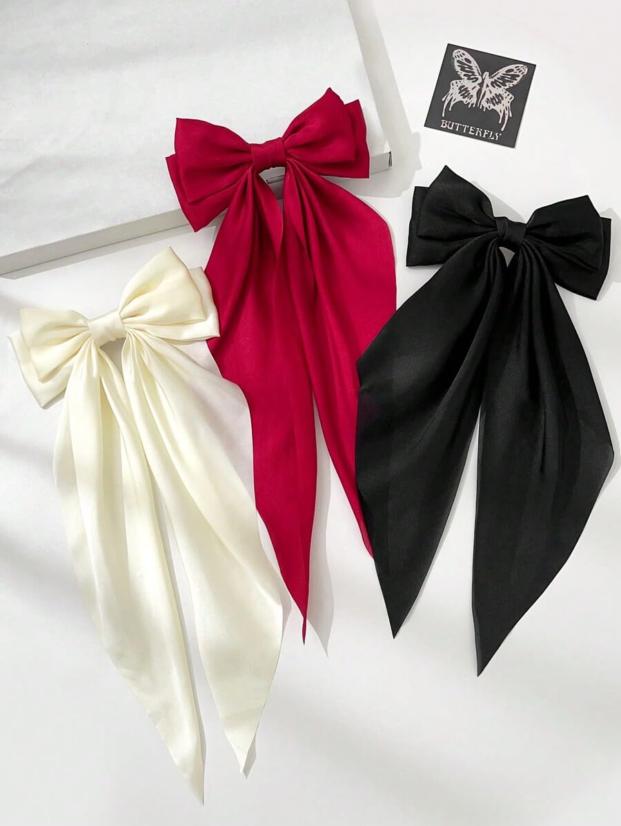 Balirava® 3 Pack Red, Black And Off White Bow Clips For Women, Cute Hair Accessories for Girls, Hair Bows For Women, Bow For Hair, Bow Hair Clips For Women - Luxury Satin Hair Bow Clips (French)-image-35