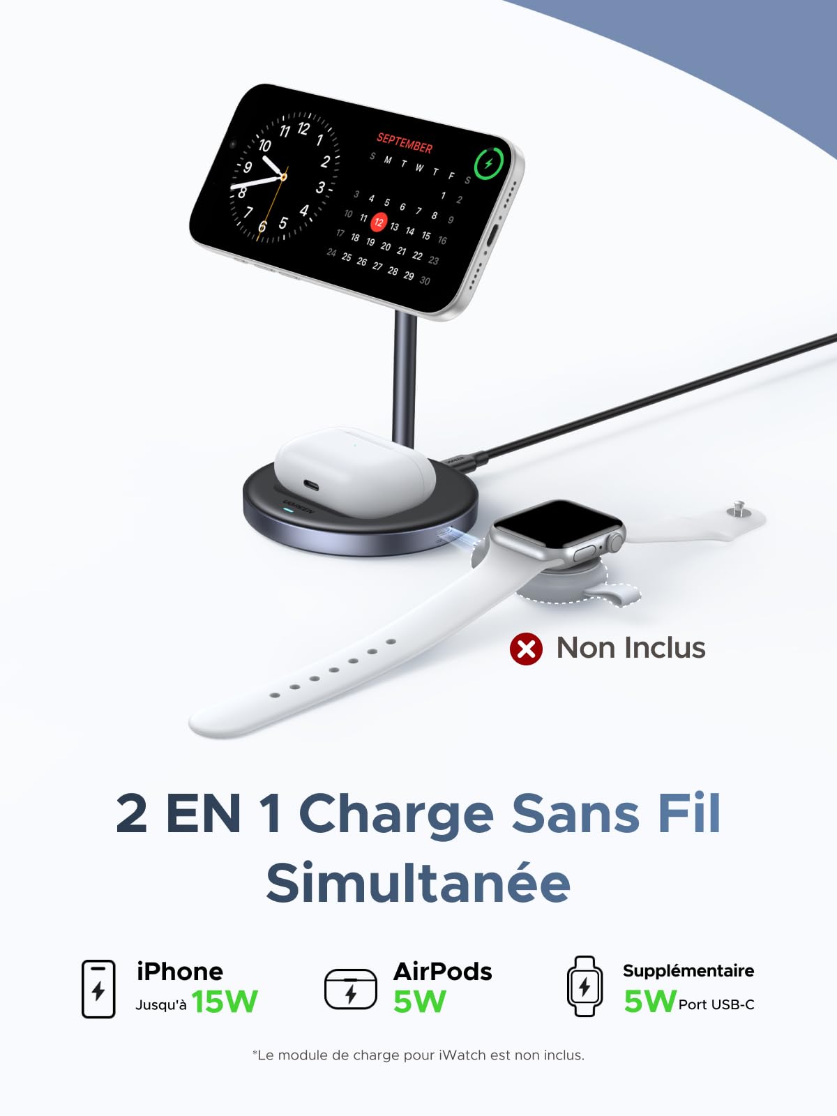 UGREEN Zapix 2 en 1 Chargeur Induction iPhone Magsafe Qi2 15W Certifié Station de Charge Rapide sans Fil Compatible avec iPhone 17 Pro Max Air 16 15 14 13 12 AirPods 4 3 AirPods Pro 3 2 1