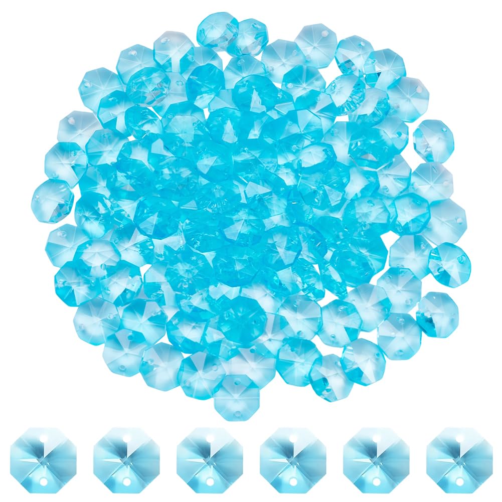 Photo 1 of SOFPLATE 1 Box 120Pcs Light Blue 14mm Crystal Glass Octagon Beads Suncatcher Prism Beads Bulk 2 Hole Prism Chandelier Replacement Connector Faceted Spacers for DIY Lamp Hanging Pendant Jewelry Craft
