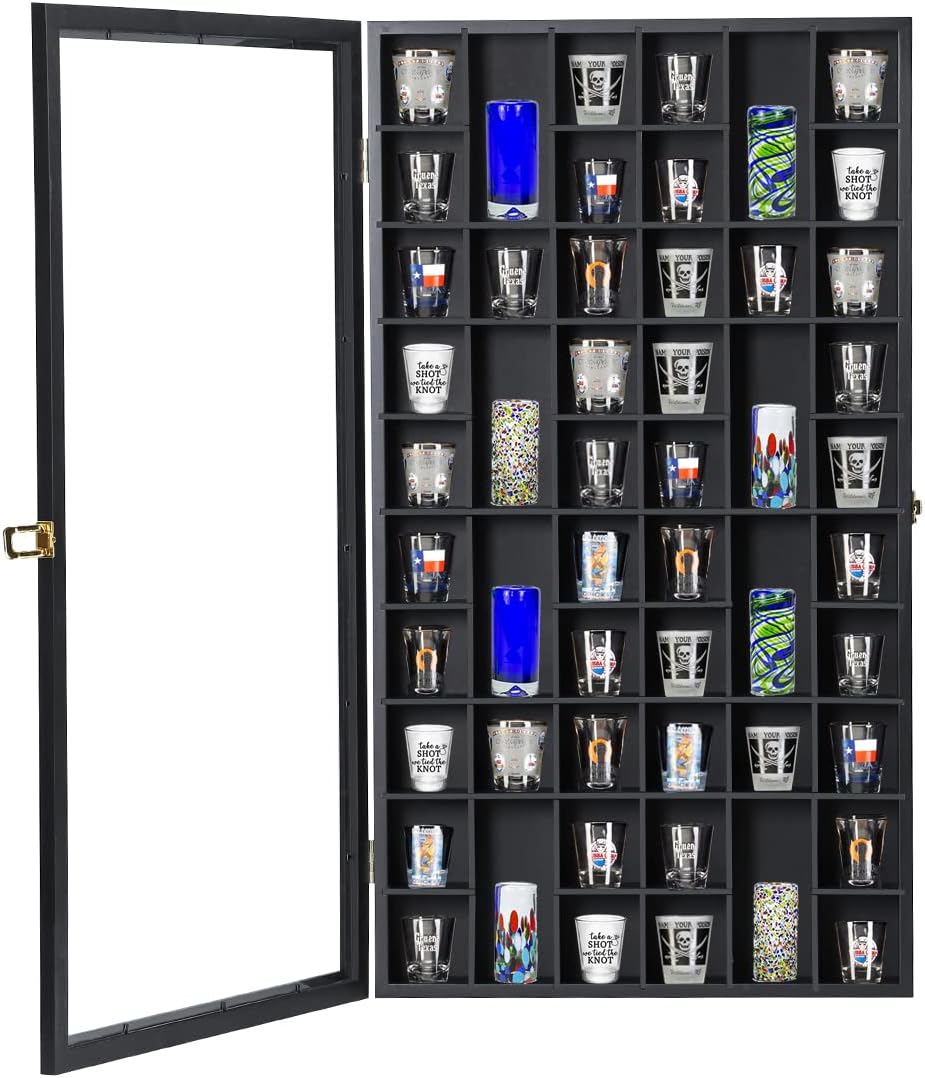 Shot Glass Display Case Large Wooden Cabinet Rack Holder Wall Mounted Black Shadow Box Lockable with UV Protection Acrylic Glass Door Shot Glass Storage Case with Removable Shelves